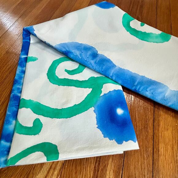 Hand Dyed Cotton Tablecloth on White Background – Blue & Green Tie Dye Design - Picture 10 of 13